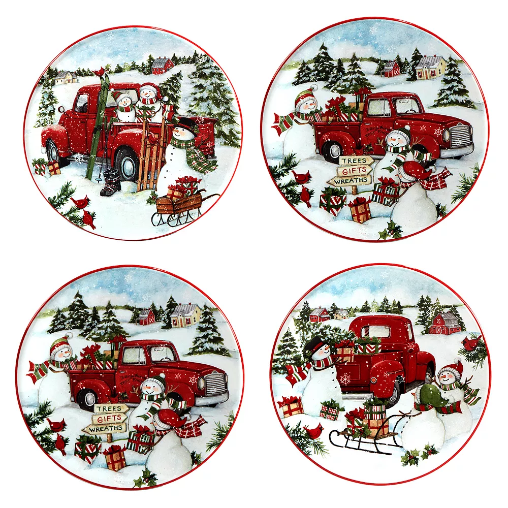 Certified International Red Truck Snowman 4-pc. Canape Plate Set 1 Certified International Red Truck Snowman 4-pc. Canape Plate Set