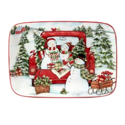 Certified International Red Truck Snowman Rectangle Serving Platter